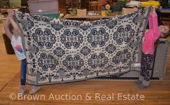 Antique hand-woven blue and white coverlet, Reads "Bethany, Genesee County, NY, 1835, 72" x 84"