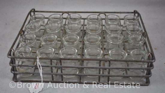 (24) Mini glass cream bottles (restaurant) in wire carrier
