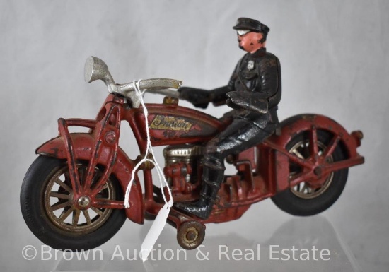 Hubley cast iron 1929 Indian 101 Scout motorcyle with police officer rider, 9.5"l