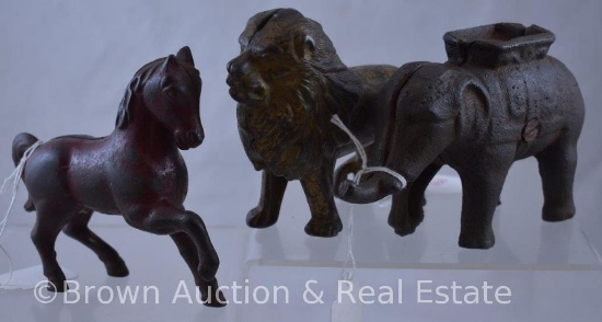 (3) Cast Iron banks, Lion, Elephant and Horse