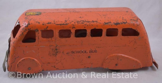 Marx orange pressed steel Pull Toy school bus, 11.5" (missing bell)