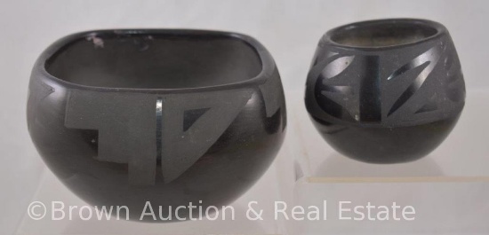 (2) Native American black-on-black bowls: 2.25"h and 3"h