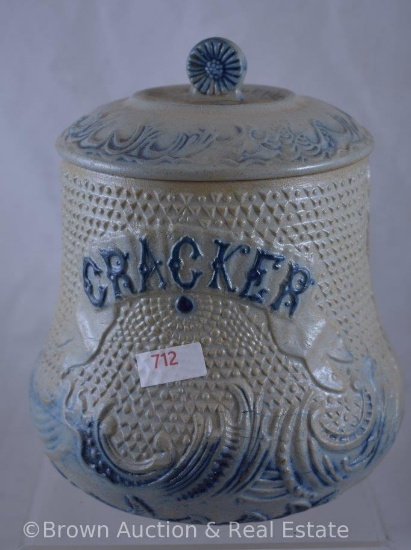 Blue & white Stoneware 7.5"h "CRACKER" jar (hairline and cracked lid)