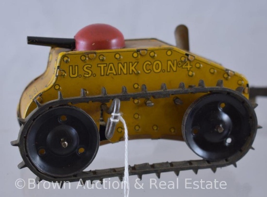Marx "U.S. Army" No. 4 tin wind-up toy tank (1 of the rubber treads is cut) - winds and gears spin,