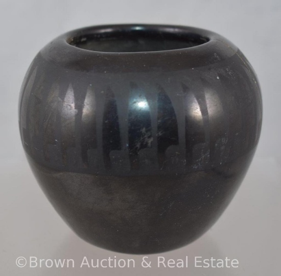 Native American 3"h black-on-black pot, signed Marie and Eustatius
