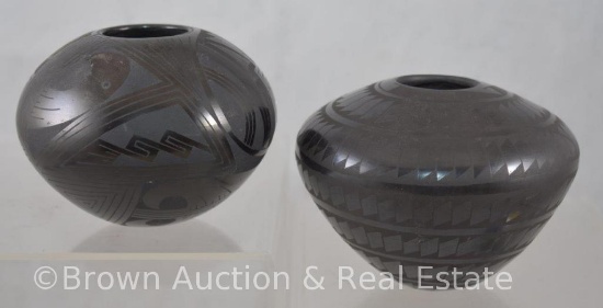 (2) Native American black-on-black bowls: 3.25"h and 3.5"h, signed