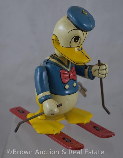 1950 Linemar wind-up tin litho skiing Donald Duck - WORKS! SEE VIDEO!