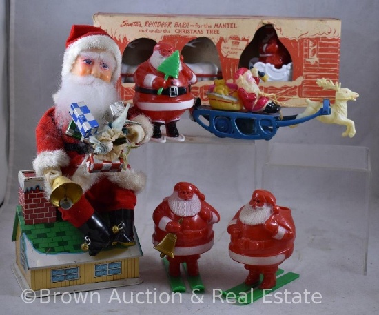 Assortment of (6) Vintage Santa items incl. candy holders, mantel decorations and battery-operated