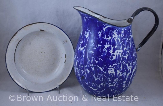 (2) Cobalt Graniteware pieces: 10.5"h commode pitcher and 8.5"d bowl mrkd. Austria