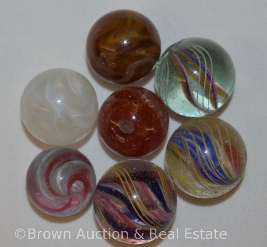 (7) Swirl marbles, most 1"d