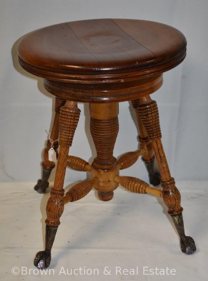 Oak piano/organ stool with glass ball and claw feet