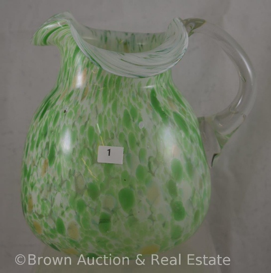 Victorian cased glass spatter pitcher, 7.75"t, green/white/gold flecks