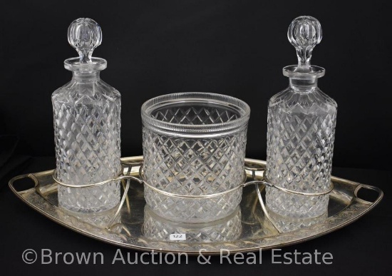 EAPG Diamond Quilted liquor set on silverplate tray