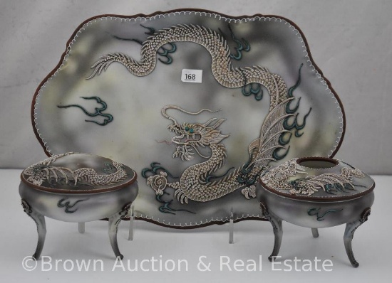 Mrkd. Nippon 3 pc. Dresser set decorated with moriage dragons