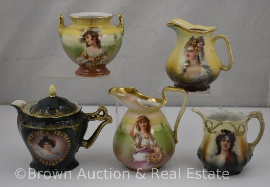 Assortment of (5) creamers, syrups and sugar bowl, all with portraits