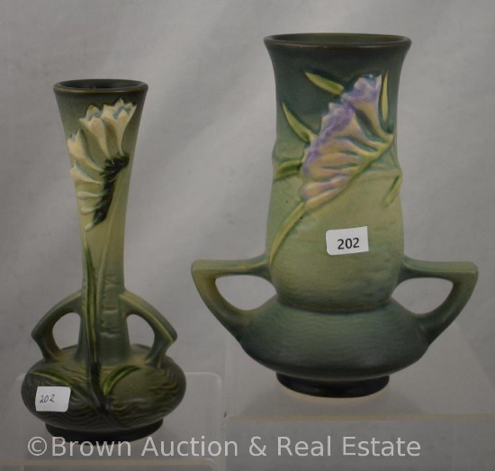 (2) Roseville Freesia green vases