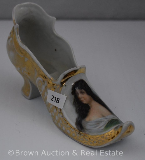 Mrkd. Made in Germany porcelain shoe with portrait of dark-haired lady