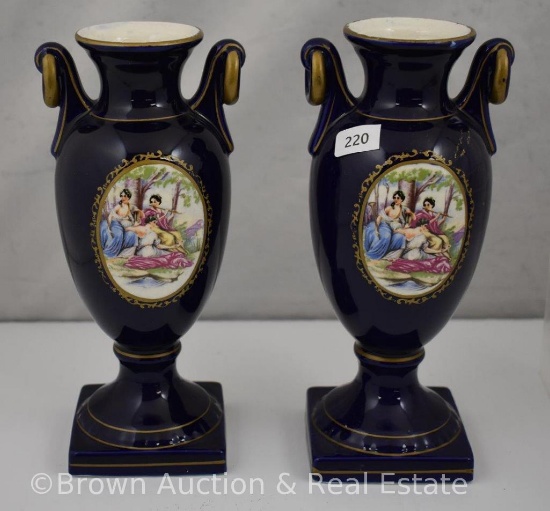 Pr. Art Nouveau cobalt 8"h vases with ring handles