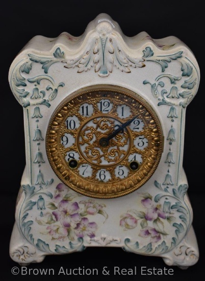 Porcelain Ansonia 11.5"h clock decorated with flowers