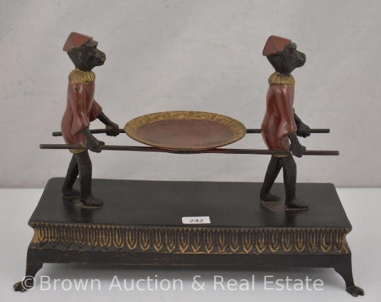 Metal figural statue of 2 monkeys carrying tray