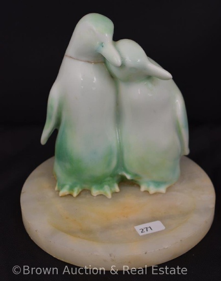 Pr. 6"h Penguins (slag-type glass) standing on 6.5"d marble base