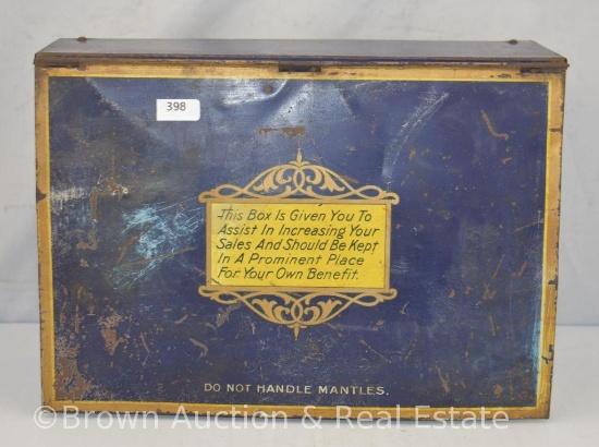 Tin litho advertising display case, "The mantle that lasts/Upright 15 cents inverted