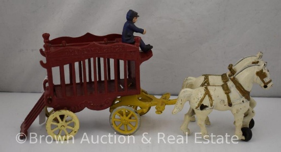 Kenton Toys Cast Iron Overland Circus cage 2-horse drawn wagon, 1 driver