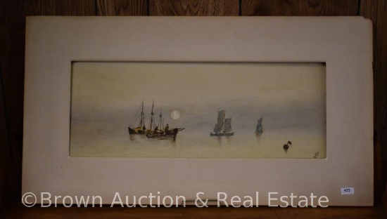 Original artwork depicting boats on the sea at night, water colors, Artist initialed A.R. H