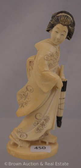 Oriental 5.5" hand carved decorated figurine of woman carrying umbrella