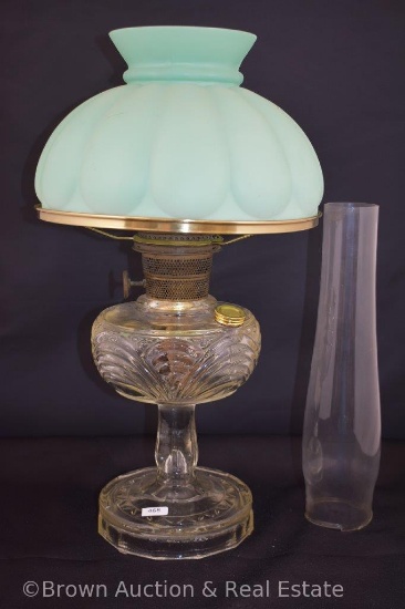 Aladdin oil lamp, clear glass with green frosted glass shade