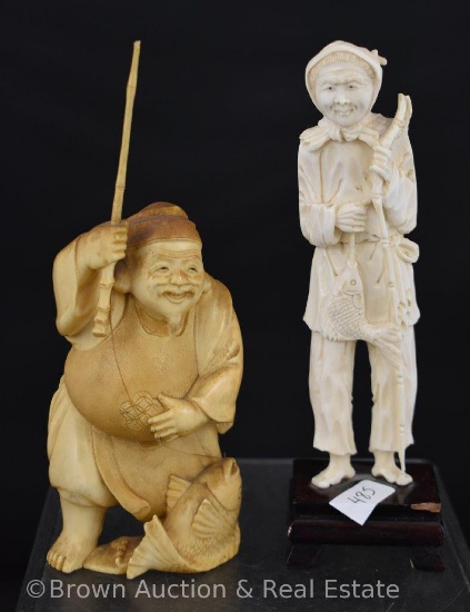 (2) Oriental hand carved figurines, fishermen with their catch of the day
