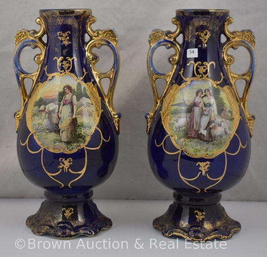 Pr. Cobalt 13"h vases with gold gilt