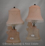 Pr. Art Deco pink satin figural dresser lamps and shades