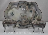 Mrkd. Nippon 3 pc. Dresser set decorated with moriage dragons
