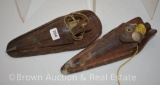 (2) Vintage brass plumb bobs in leather pouches