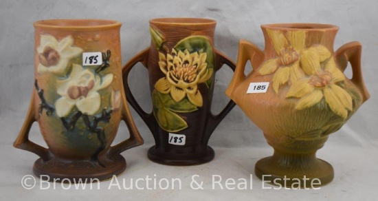 (3) Roseville 6" brown vases