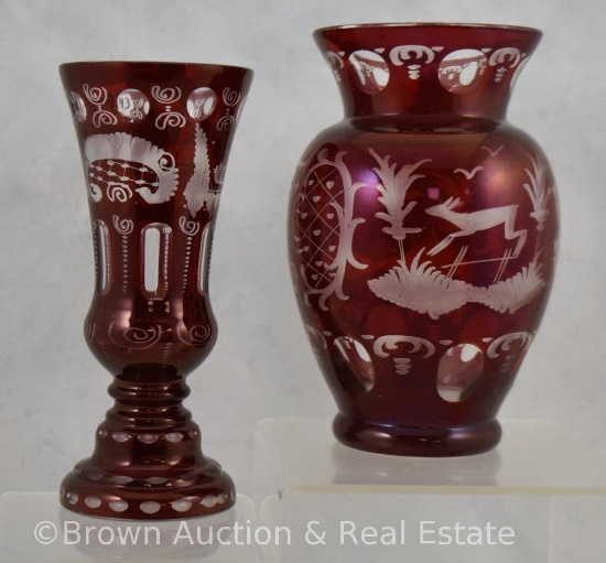 (2) Bohemian red cut-to-clear vases, 6" and 6.5"