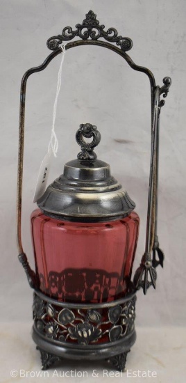 Cranberry pickle castor with 1869 Aurora holder/tongs