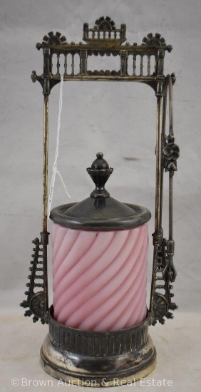 Pink satin swirl pickle castor with quadruple holder/tongs