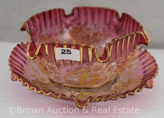 Victorian Cranberry finger bowl w/underplate