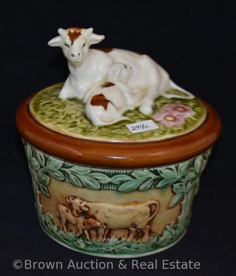 Mrkd. Czechoslovakia round bowl with lid, figural and embossed cow and calf pairs