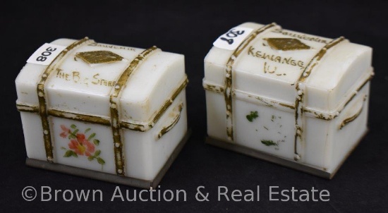 (2) Milk Glass souvenir trunk candy containers
