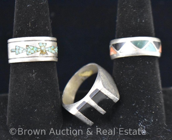 (3) Silver bands with turquoise and/or black onyx stones