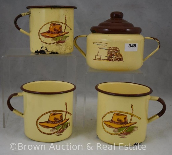 (3) Monterey Western Ware coffee mugs and sugar bowl with lid