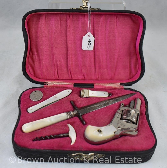 Ladies' decorative protection kit with small pistol (mrkd. Puppy)/knife/corkscrew/dagger, etc. with