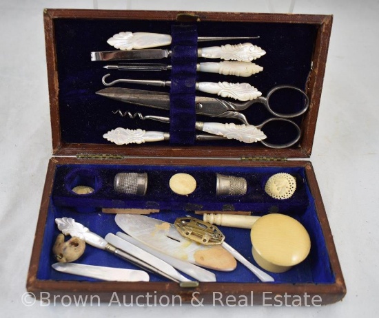 Vintage sewing/makeup kit with Mother of Pearl needlework tools