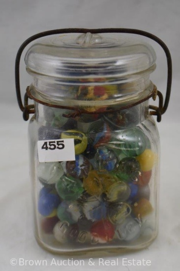 Atlas Good Luck half pint jar full of assorted marbles