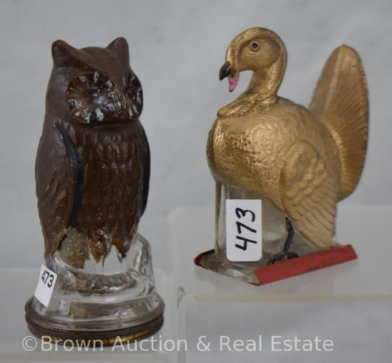 (2) Glass candy containers - painted Owl and turkey
