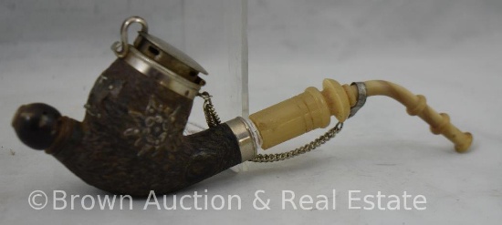 Hand carved Meerschaum pipe with silver hinged lid
