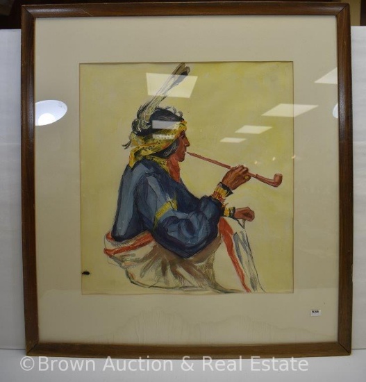 Large watercolor depicting Native American smoking a pipe